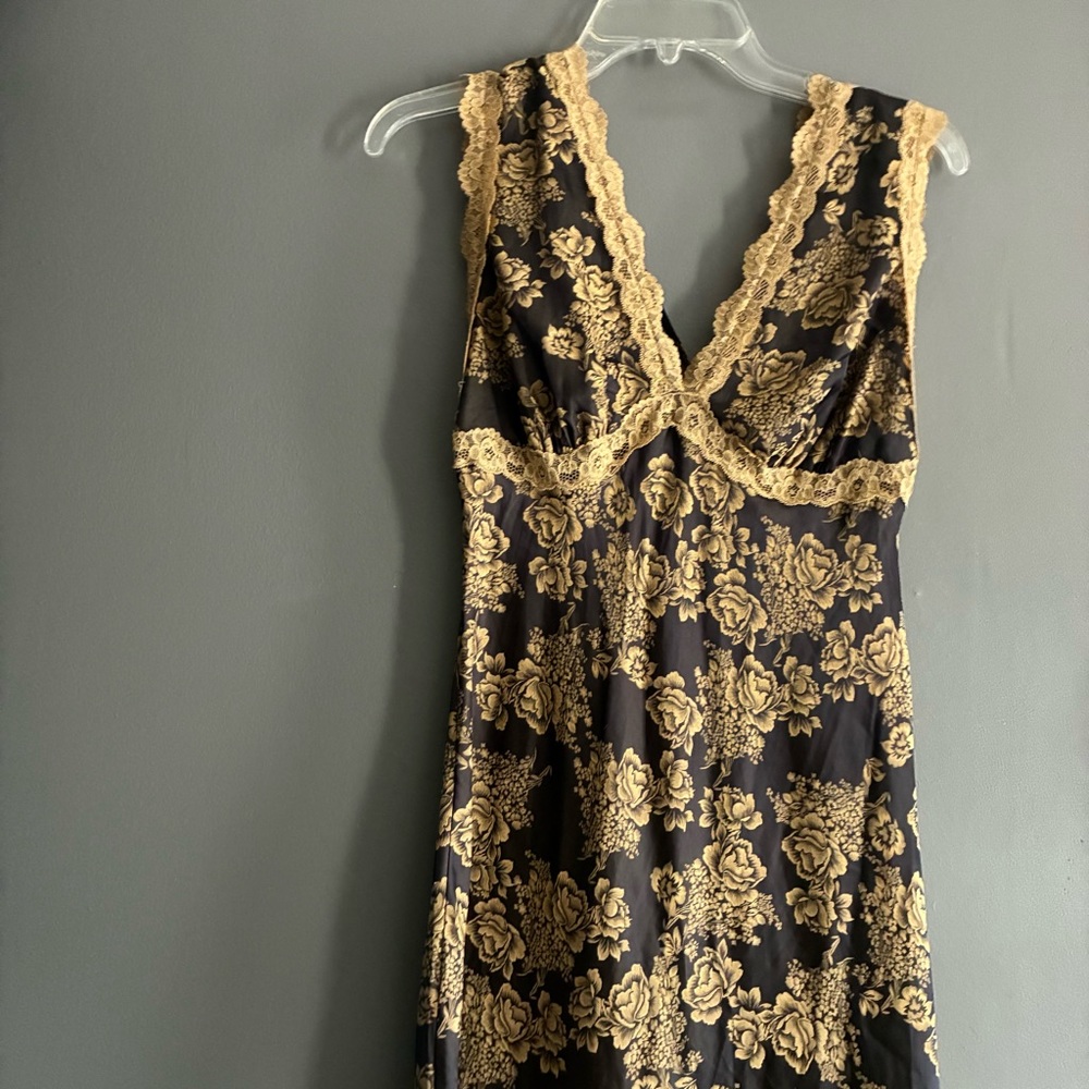 Art Nouveau Silky Iridescent Floral Slip Dress With Lace Trim Size Medium - Picture 3 of 8